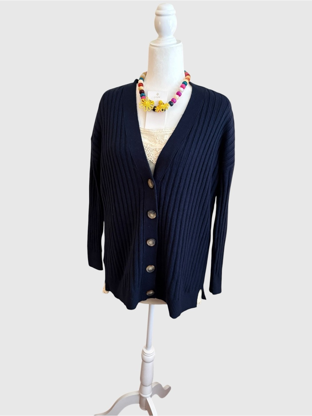 LOFT Navy Ribbed V-Neck Button Cardigan - Picture 3 of 9
